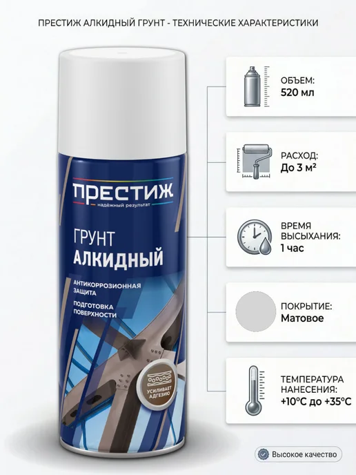 Престиж Аэрозоль грунт алкидный Белый 520 мл. Грунтовка в баллончике, 520 мл, грунтовка, белый, фото 3