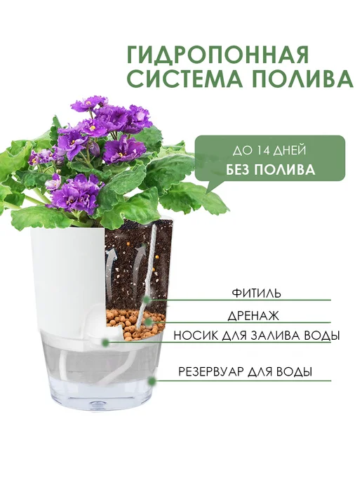 Комфорт+ Кашпо для комнатных цветов с фитильным автополивом, вариант, фото 3
