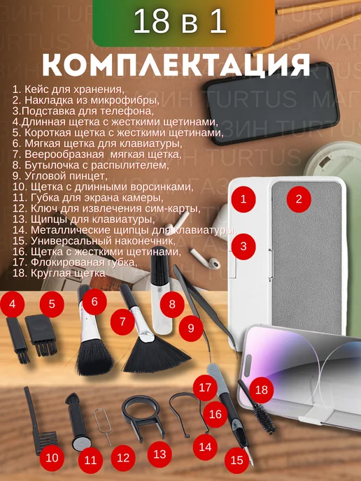 Turtus Набор для чистки гаджетов и аксессуаров 18в1, вариант, фото 3