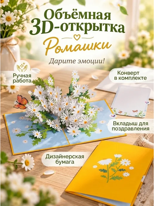 Soulmate Открытка с днем рождения 3д объемная "Ромашки", голубой, фото 2