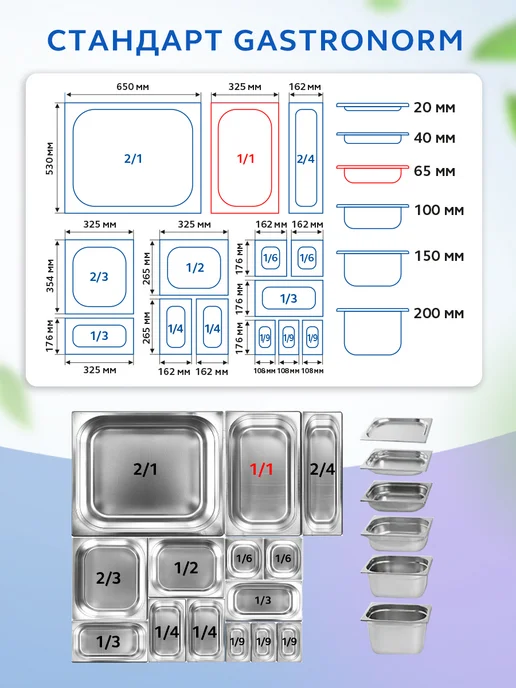 GASTRORAG Комплект гастроемкостей из нержавеющей стали GN 1 1-150 6 шт, 6 шт, фото 8