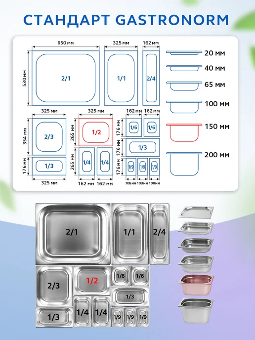 GASTRORAG Комплект гастроемкостей из нержавеющей стали GN 1 2-150 6 шт, 6 шт, фото 8