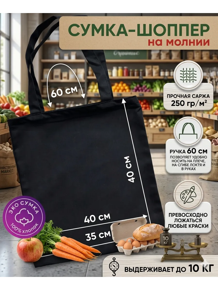 Сумка шоппер черная на молнии хлопковая с принтом