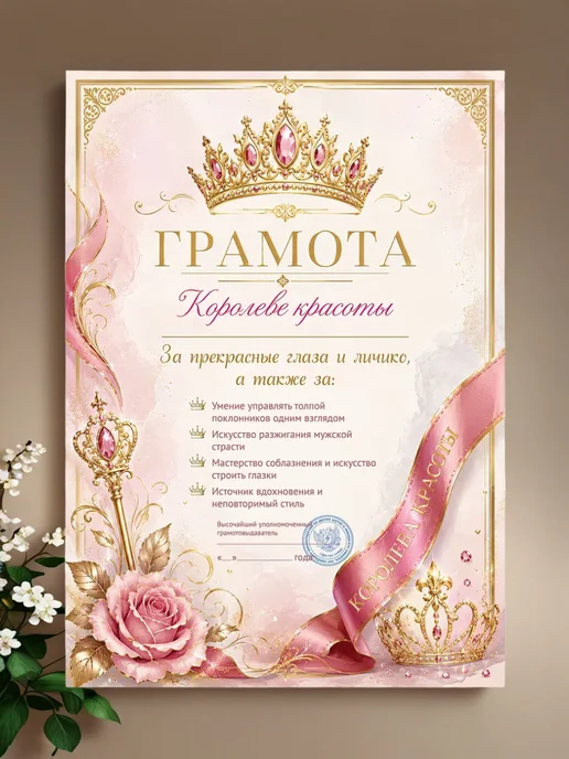 Филькина грамота Грамота для награждения "Королева красоты", А4, в подарок, розовый, фото 2