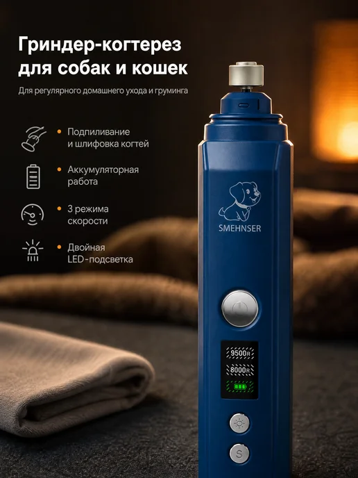 Гриндер-когтерез для собак и кошек всех пород с подсветкой, синий