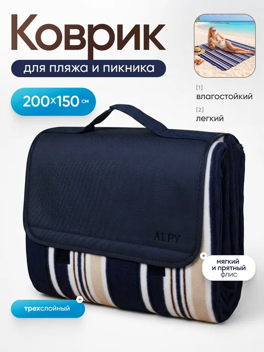 ALPY Коврик пляжный для пикника и пляжа Покрывало, синий