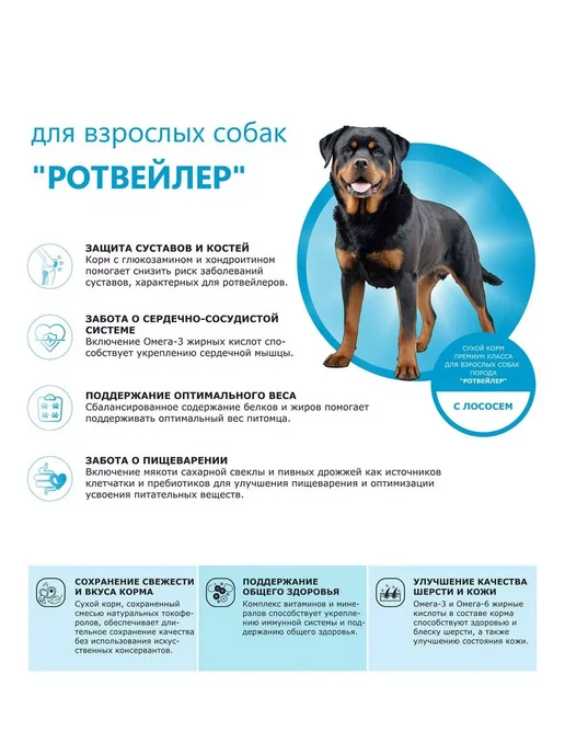 Сухой корм QUATTRO Ротвейлер для собак, лосось, 12 кг, фото 2