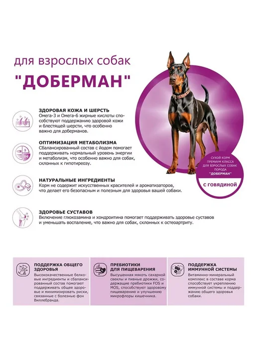 Сухой корм QUATTRO Доберман для собак, говядина, 12 кг, фото 2
