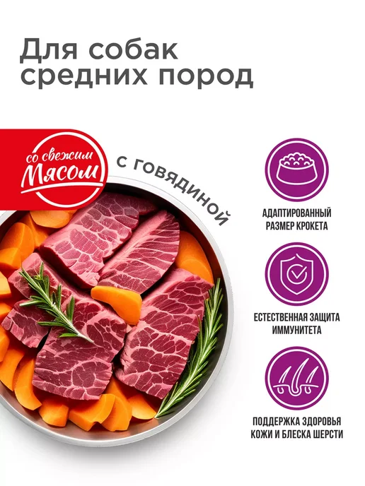 Сухой корм QUATTRO Сбалансированный для собак, средние, говядина, 12 кг, фото 2