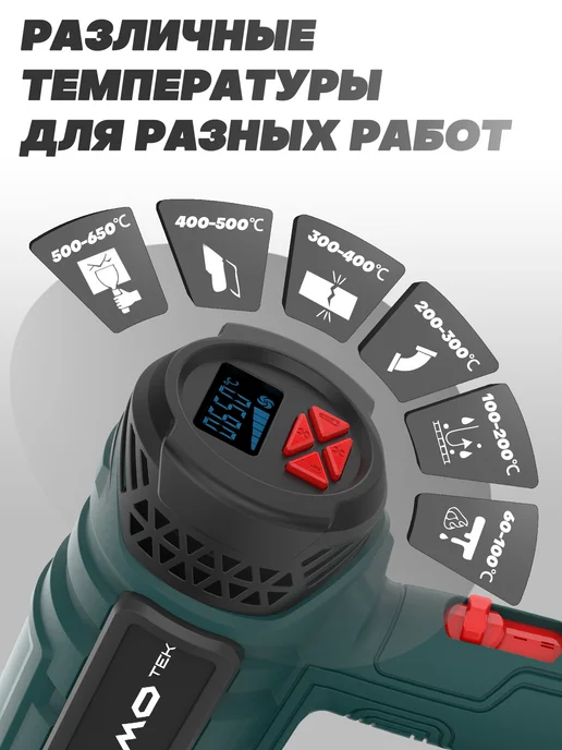 HOOMOTEK Строительный фен 2000 Вт, 60-650 градусов, 4 насадки, 2000 Вт, фото 4