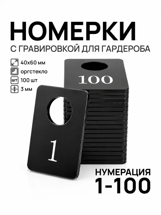 Акриликс Номерки от 1 до 100 гардеробные прямоугольные черные 100 шт, 100 шт