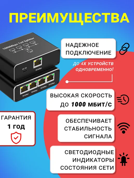 GSMIN Разветвитель RJ45 - 4х RJ45 с Type C, сплиттер 1000 Мбит с, черный, фото 2