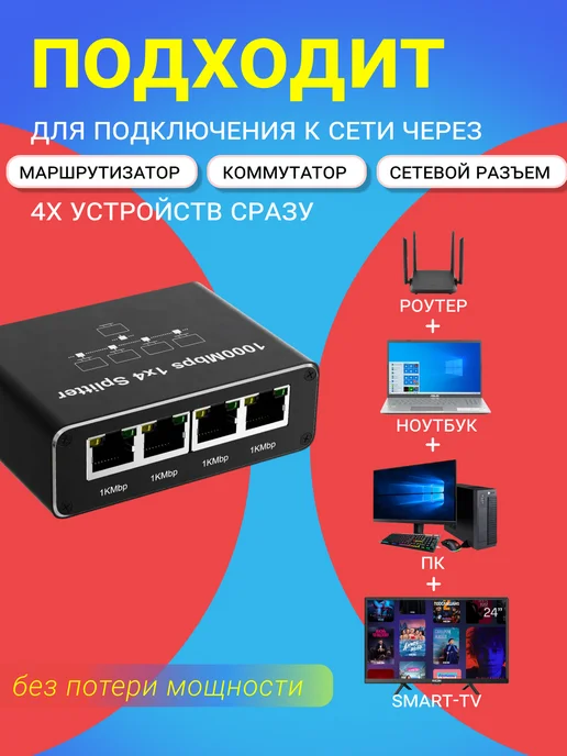 GSMIN Разветвитель RJ45 - 4х RJ45 с Type C, сплиттер 1000 Мбит с, черный, фото 5
