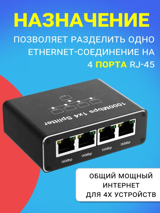 GSMIN Разветвитель RJ45 - 4х RJ45 с Type C, сплиттер 1000 Мбит с, черный, фото 7