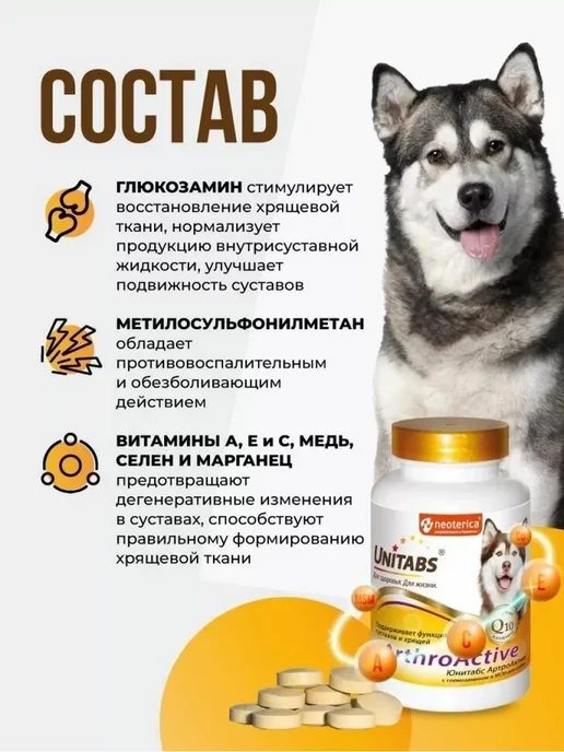 UNITABS ArthroАctive Витамины для собак с Q10 для суставов 200таб, 201 мл, фото 3