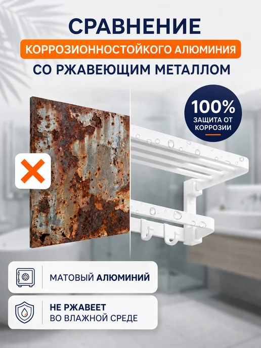 Interiorika Полка для полотенец в ванную настенная металлическая 60 см, белый, фото 3