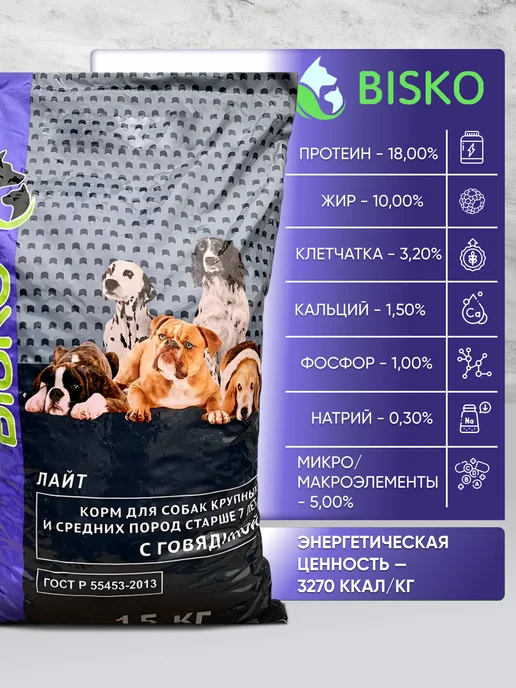 Сухой корм Bisko Lite для собак, пожилые, 15 кг, фото 4