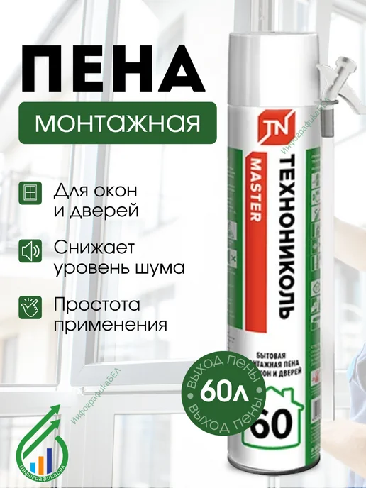 ТехноНИКОЛЬ Пена монтажная с трубочкой всесезонная 60л, 60 л