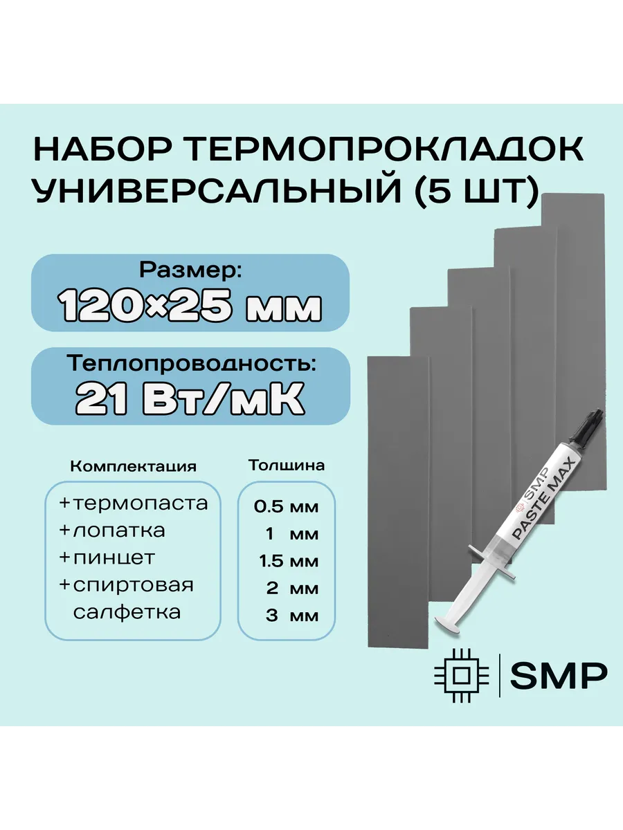 Набор термопрокладок 5шт. 21Вт Мк + термопаста 2г SMP MAX