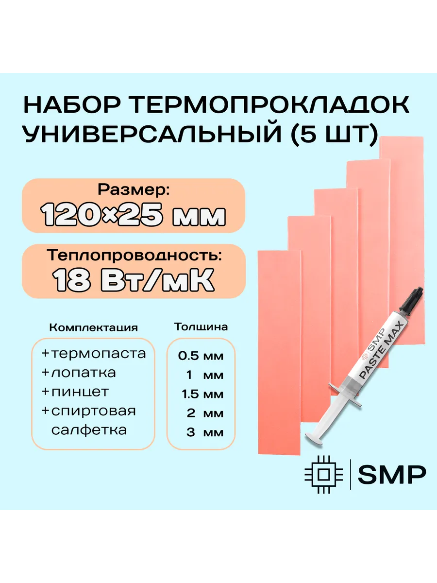 Набор термопрокладок 5шт. 18Вт Мк+термопаста 2г SMP MAX