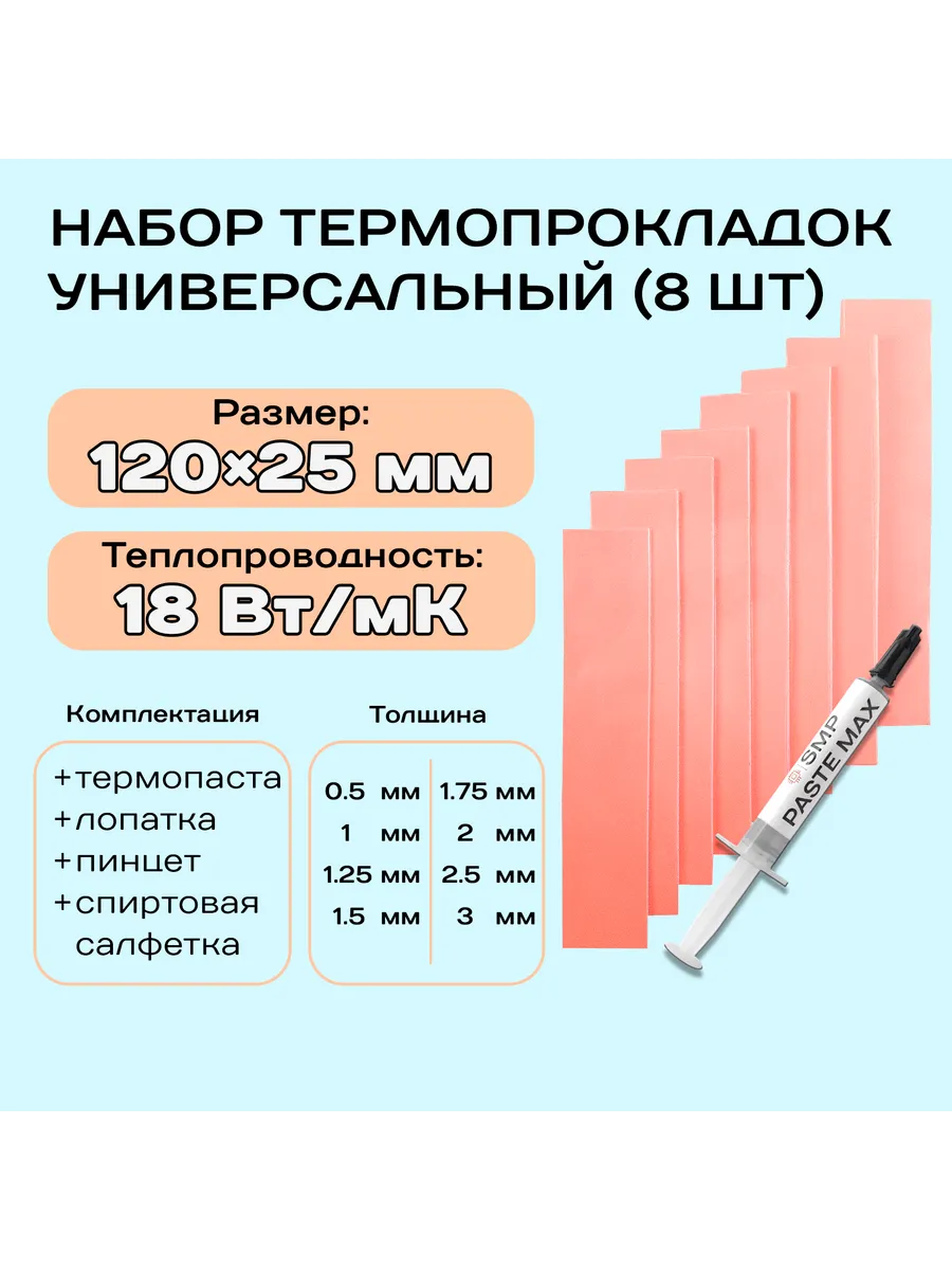Набор термопрокладок 8шт. 18Вт Мк+термопаста 2г SMP MAX