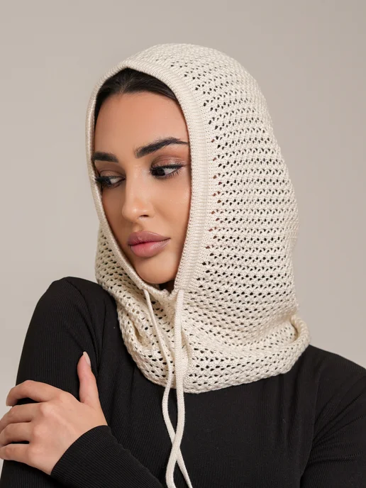 Капор ажурный, капюшон готовый хиджаб, бежевый, фото 6
