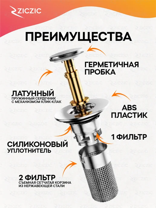 ZicZic Пробка для ванной с фильтром, серый, фото 2