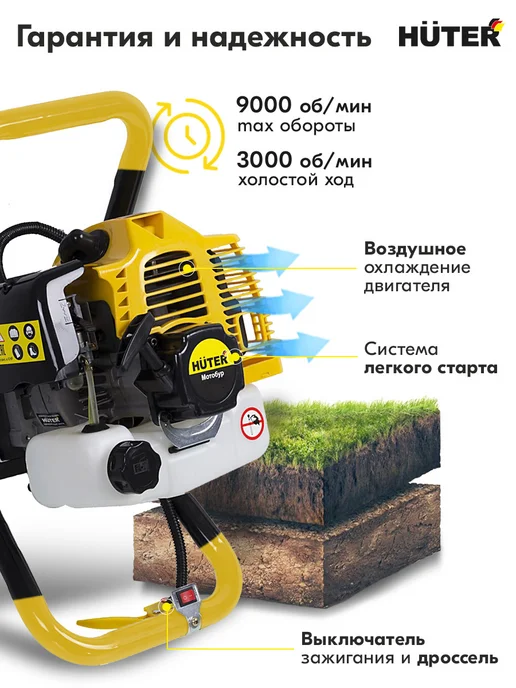 HUTER Мотобур бензиновый бур для рыбалки GGD-2000 52 см3, 2 кВт, 1,25 л, фото 3