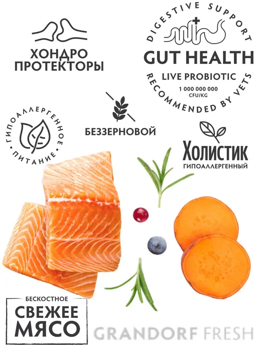 Сухой корм Грандорф Фреш для собак, беззерновой, крупные, средние, лосось, 1 кг, фото 3