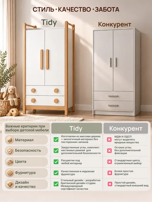 Boori Детский шкаф для одежды Tidy деревянный с ящиками, белый, фото 2