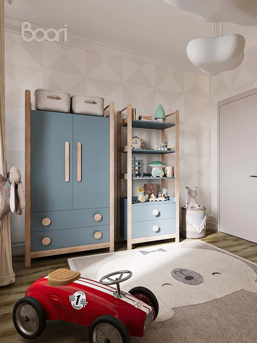 Boori Детский шкаф для одежды Tidy деревянный с ящиками, голубой, фото 7