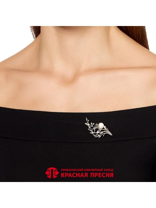 Красная Пресня Серебряная брошь веточка с культивированным жемчугом, серебристый, фото 4