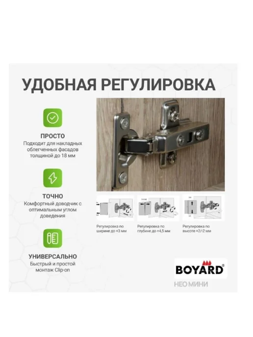 Альтера Петля мебельная вкладная BOYARD НЕО МИНИ 95 градусов, 8 шт, 8 шт, фото 4