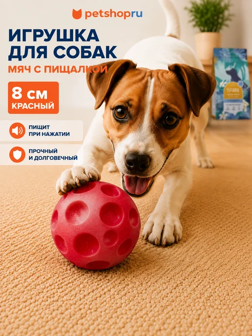 PetShop Игрушка для собак мяч с пищалкой оранжевый 11 см Yami Yami, красный
