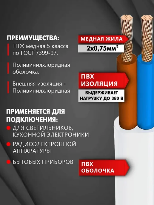 Новосибирский Кабельный Завод Кабель электрический ШВВП 2 х 0,75 мм 10 метров, 2x0.75 мм, 10 м, фото 2